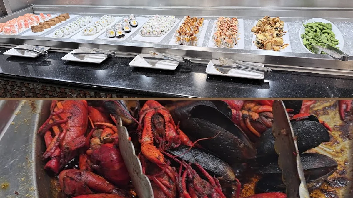 Self-serve buffet counter inside a casual restaurant.