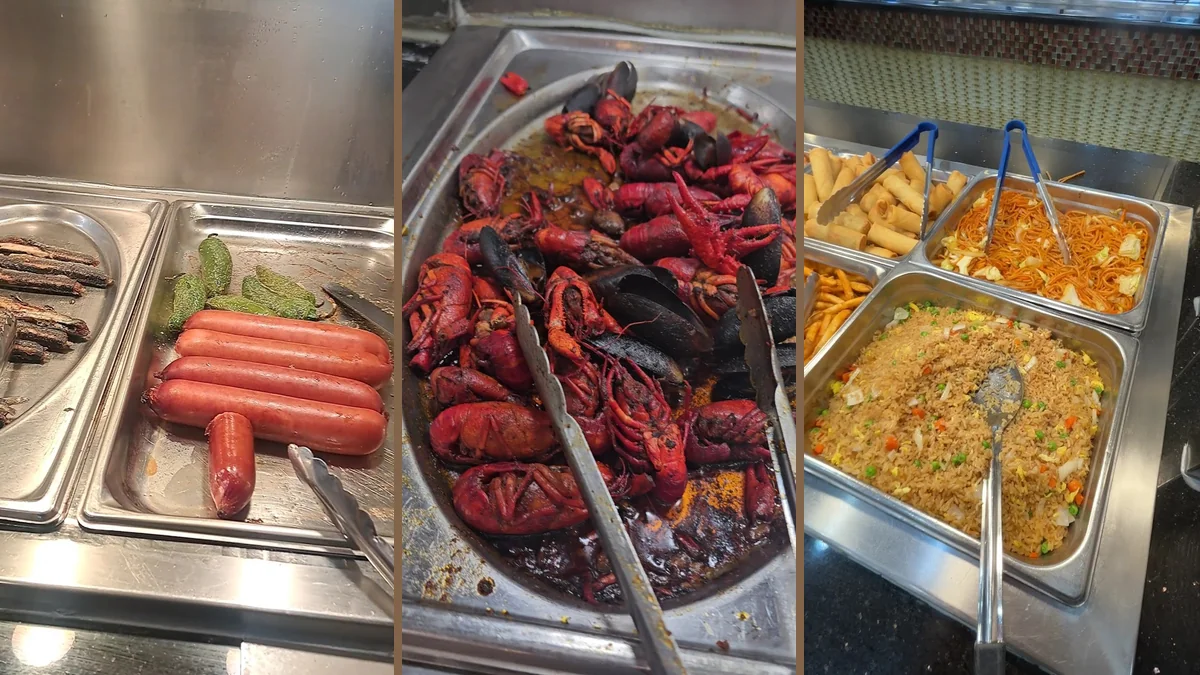 Self-serve buffet counter inside a casual restaurant.